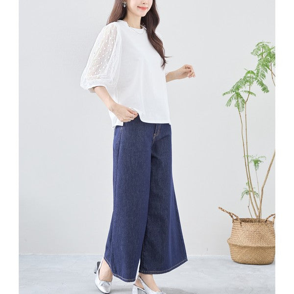 パール付き チュール袖 パフスリーブ プルオーバー ゆったり 体型カバー M-L