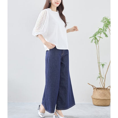 パール付き チュール袖 パフスリーブ プルオーバー ゆったり 体型カバー M-L