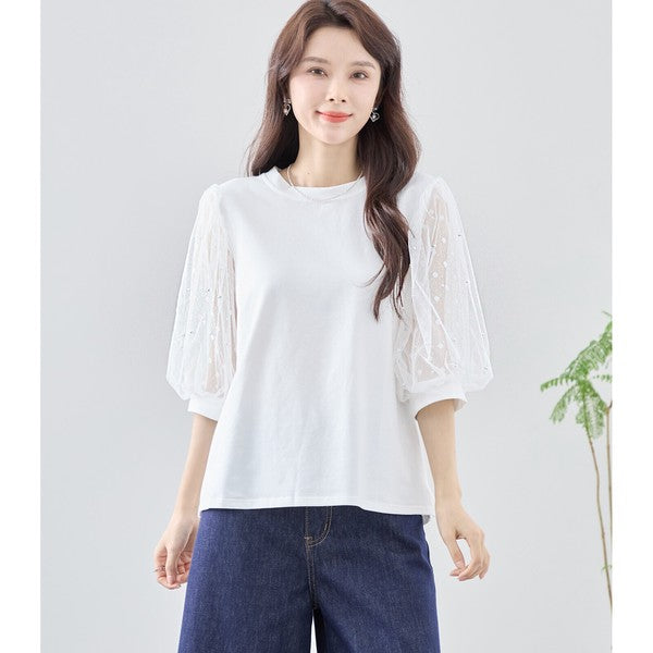 パール付き チュール袖 パフスリーブ プルオーバー ゆったり 体型カバー M-L