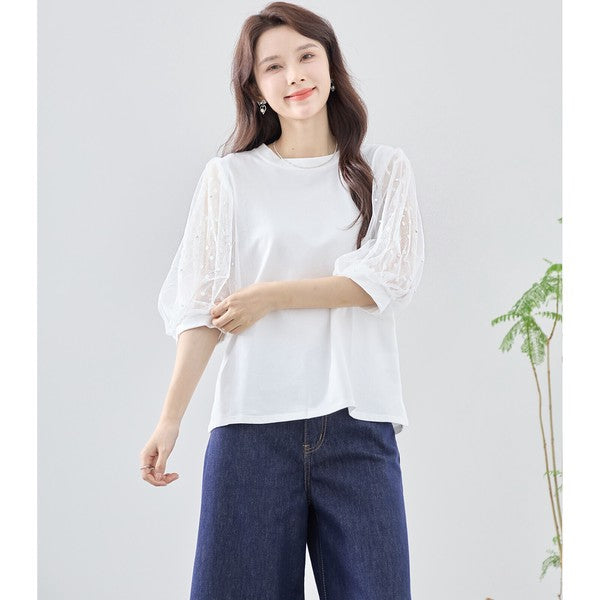 パール付き チュール袖 パフスリーブ プルオーバー ゆったり 体型カバー M-L