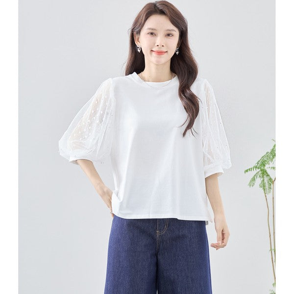 パール付き チュール袖 パフスリーブ プルオーバー ゆったり 体型カバー M-L