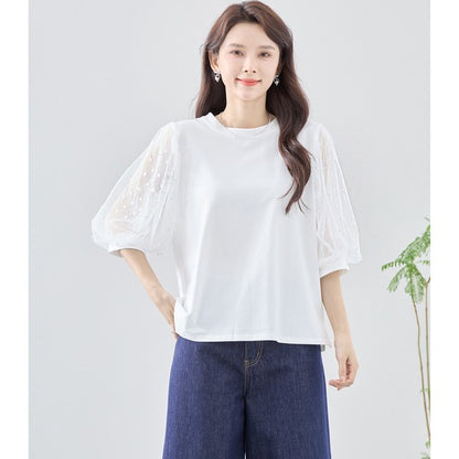 パール付き チュール袖 パフスリーブ プルオーバー ゆったり 体型カバー M-L