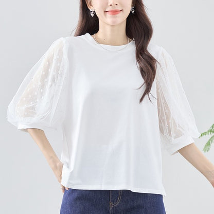 パール付き チュール袖 パフスリーブ プルオーバー ゆったり 体型カバー M-L