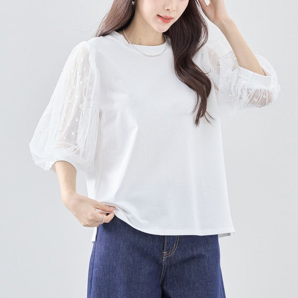 パール付き チュール袖 パフスリーブ プルオーバー ゆったり 体型カバー M-L