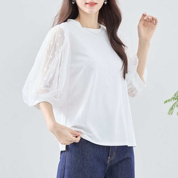 パール付き チュール袖 パフスリーブ プルオーバー ゆったり 体型カバー M-L