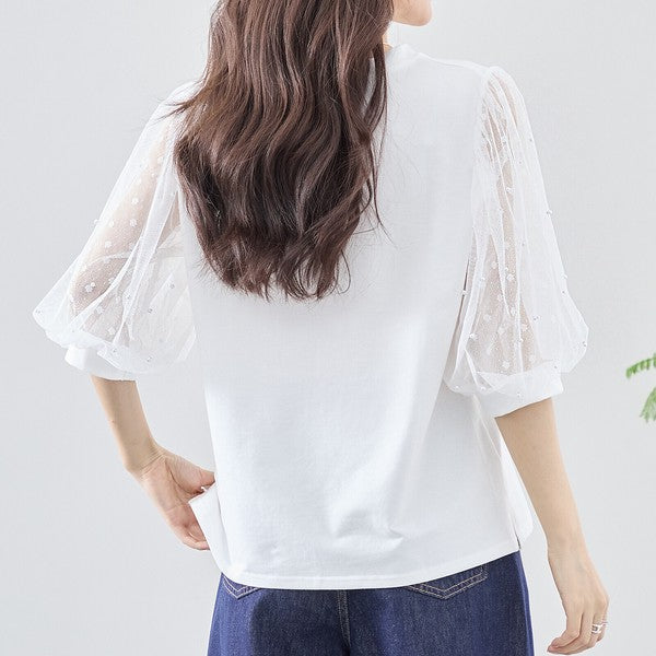 パール付き チュール袖 パフスリーブ プルオーバー ゆったり 体型カバー M-L