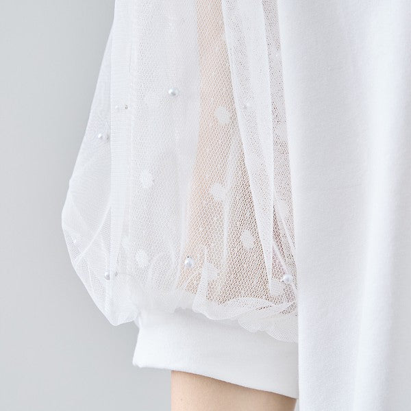 パール付き チュール袖 パフスリーブ プルオーバー ゆったり 体型カバー M-L