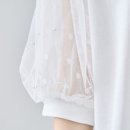 パール付き チュール袖 パフスリーブ プルオーバー ゆったり 体型カバー M-L