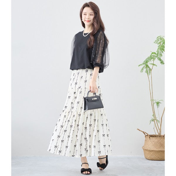 パール付き チュール袖 パフスリーブ プルオーバー ゆったり 体型カバー M-L