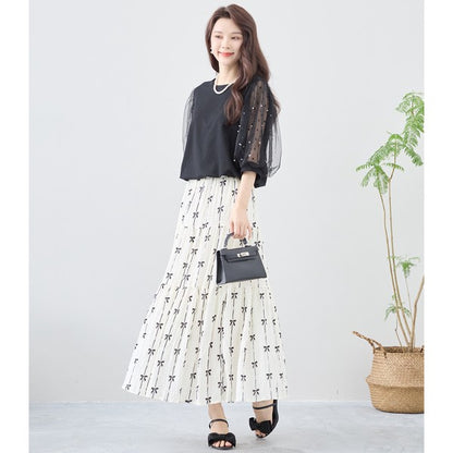 パール付き チュール袖 パフスリーブ プルオーバー ゆったり 体型カバー M-L