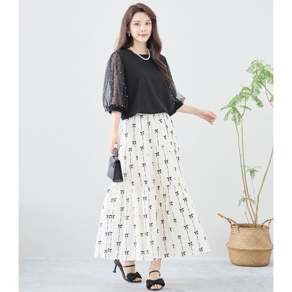 パール付き チュール袖 パフスリーブ プルオーバー ゆったり 体型カバー M-L