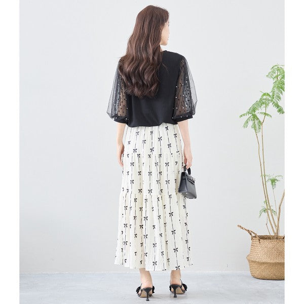 パール付き チュール袖 パフスリーブ プルオーバー ゆったり 体型カバー M-L