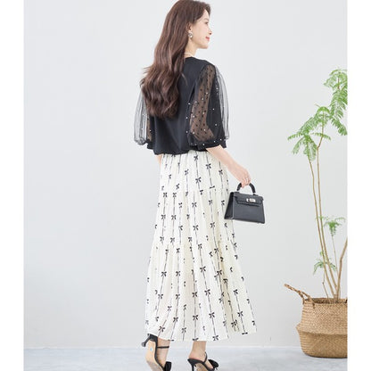 パール付き チュール袖 パフスリーブ プルオーバー ゆったり 体型カバー M-L