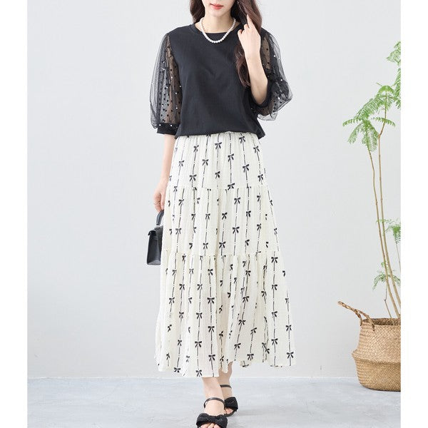 パール付き チュール袖 パフスリーブ プルオーバー ゆったり 体型カバー M-L