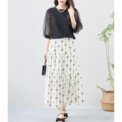 パール付き チュール袖 パフスリーブ プルオーバー ゆったり 体型カバー M-L