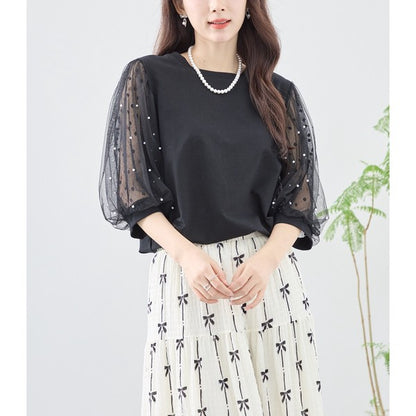 パール付き チュール袖 パフスリーブ プルオーバー ゆったり 体型カバー M-L