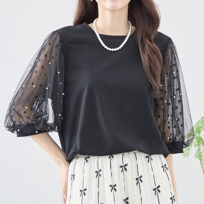 パール付き チュール袖 パフスリーブ プルオーバー ゆったり 体型カバー M-L