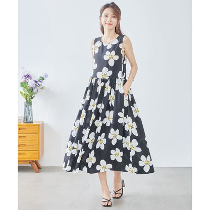 イラストフラワー柄 ノースリーブ ワンピース ロング丈 花柄 ギャザー 体型カバー M-L
