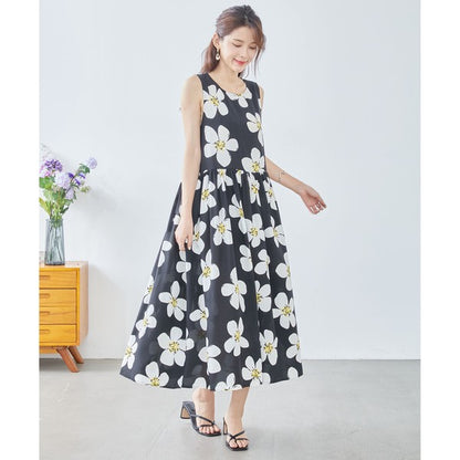 イラストフラワー柄 ノースリーブ ワンピース ロング丈 花柄 ギャザー 体型カバー M-L