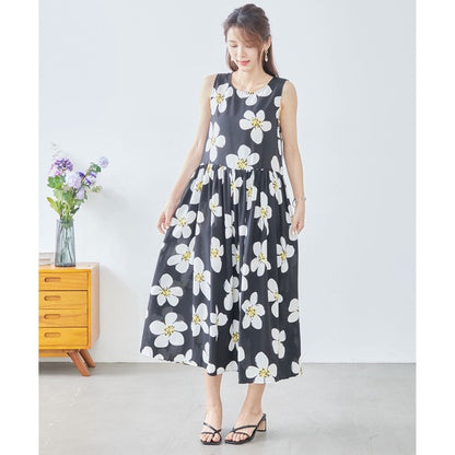 イラストフラワー柄 ノースリーブ ワンピース ロング丈 花柄 ギャザー 体型カバー M-L