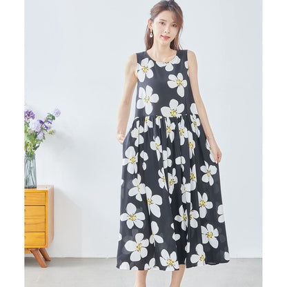イラストフラワー柄 ノースリーブ ワンピース ロング丈 花柄 ギャザー 体型カバー M-L