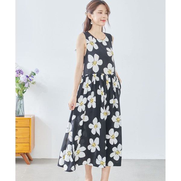 イラストフラワー柄 ノースリーブ ワンピース ロング丈 花柄 ギャザー 体型カバー M-L