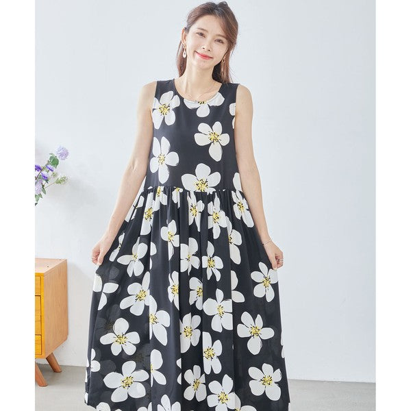 イラストフラワー柄 ノースリーブ ワンピース ロング丈 花柄 ギャザー 体型カバー M-L