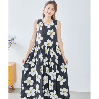 イラストフラワー柄 ノースリーブ ワンピース ロング丈 花柄 ギャザー 体型カバー M-L
