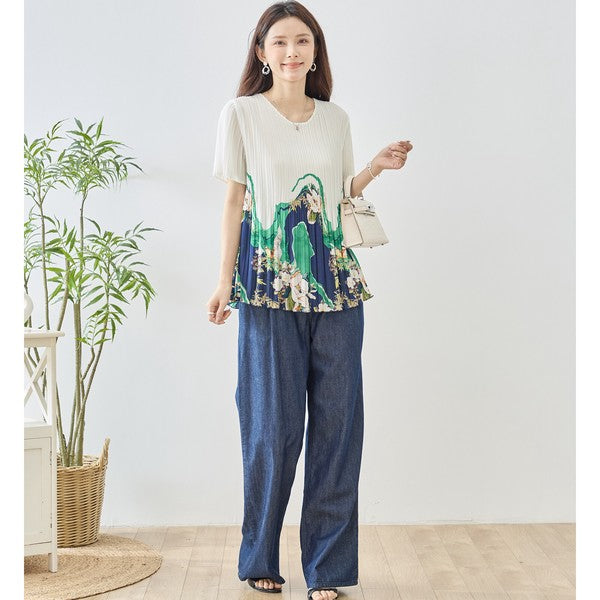 裾プリント プリーツ 半袖 ブラウス チュニック Aライン 体型カバー ゆったり レディース M-L