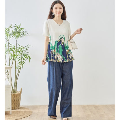 裾プリント プリーツ 半袖 ブラウス チュニック Aライン 体型カバー ゆったり レディース M-L