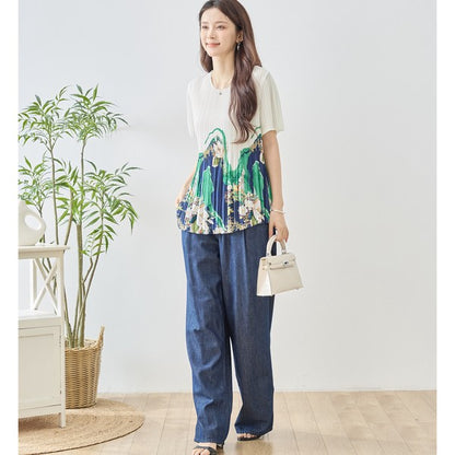 裾プリント プリーツ 半袖 ブラウス チュニック Aライン 体型カバー ゆったり レディース M-L