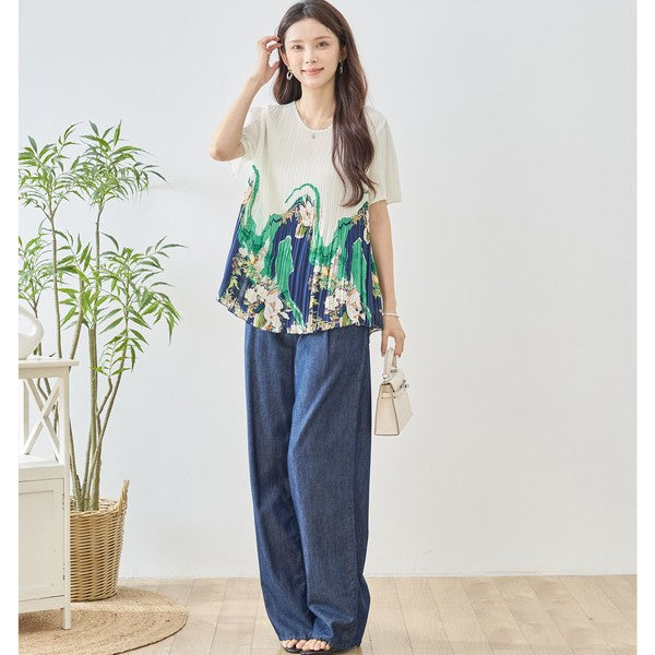 裾プリント プリーツ 半袖 ブラウス チュニック Aライン 体型カバー ゆったり レディース M-L