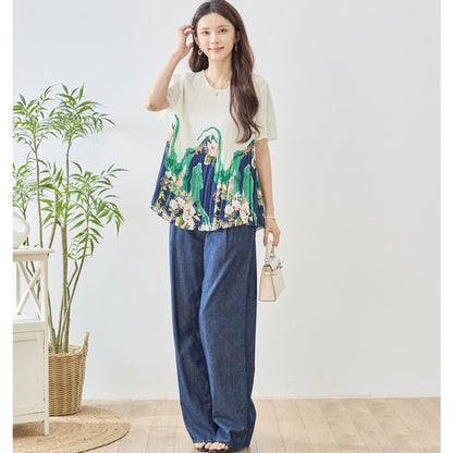 裾プリント プリーツ 半袖 ブラウス チュニック Aライン 体型カバー ゆったり レディース M-L