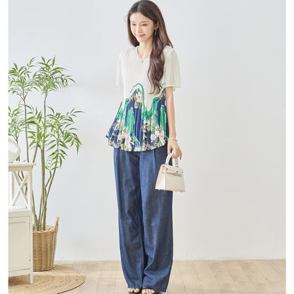 裾プリント プリーツ 半袖 ブラウス チュニック Aライン 体型カバー ゆったり レディース M-L