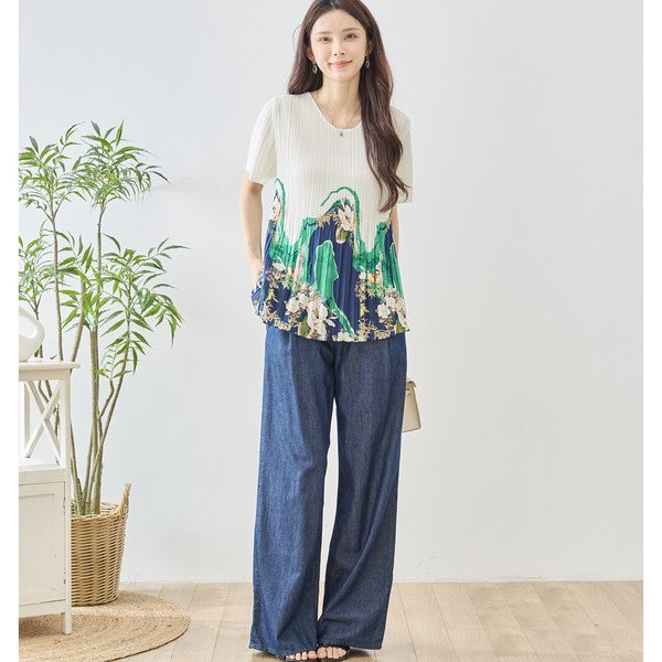 裾プリント プリーツ 半袖 ブラウス チュニック Aライン 体型カバー ゆったり レディース M-L