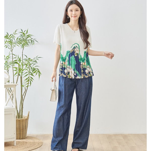 裾プリント プリーツ 半袖 ブラウス チュニック Aライン 体型カバー ゆったり レディース M-L