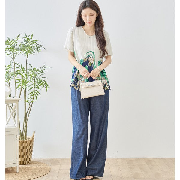 裾プリント プリーツ 半袖 ブラウス チュニック Aライン 体型カバー ゆったり レディース M-L