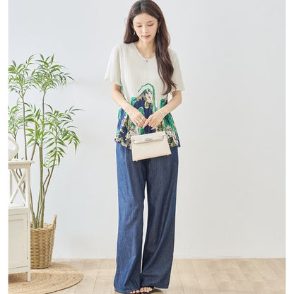 裾プリント プリーツ 半袖 ブラウス チュニック Aライン 体型カバー ゆったり レディース M-L