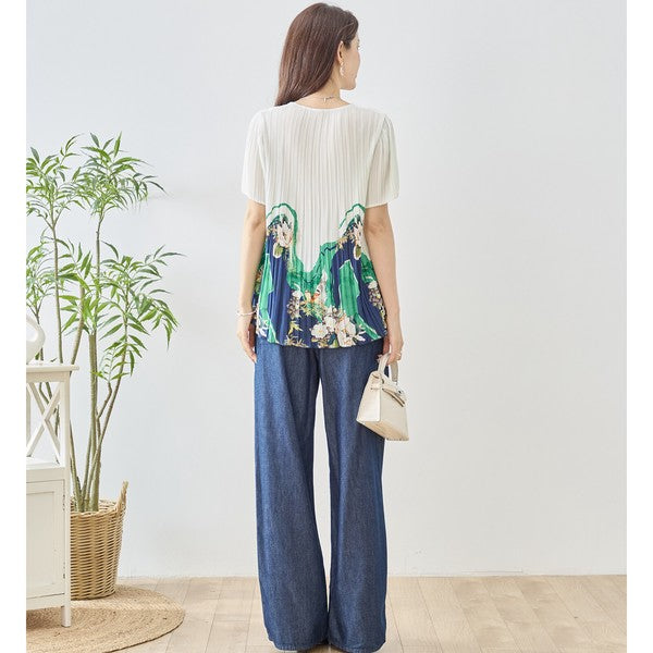 裾プリント プリーツ 半袖 ブラウス チュニック Aライン 体型カバー ゆったり レディース M-L