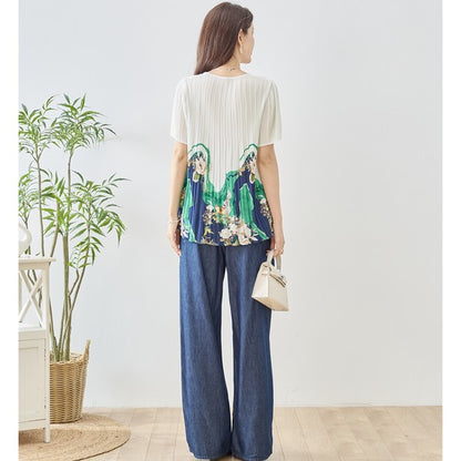 裾プリント プリーツ 半袖 ブラウス チュニック Aライン 体型カバー ゆったり レディース M-L