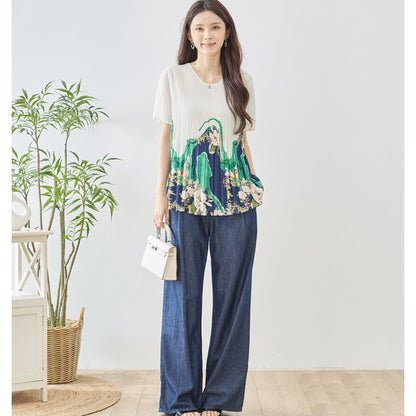 裾プリント プリーツ 半袖 ブラウス チュニック Aライン 体型カバー ゆったり レディース M-L