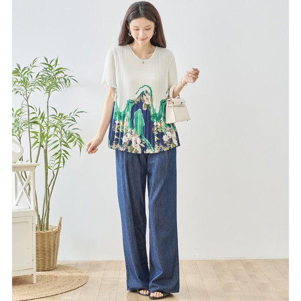 裾プリント プリーツ 半袖 ブラウス チュニック Aライン 体型カバー ゆったり レディース M-L