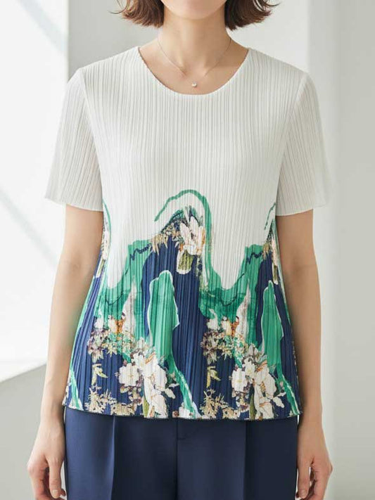 裾プリント プリーツ 半袖 ブラウス チュニック Aライン 体型カバー ゆったり レディース M-L