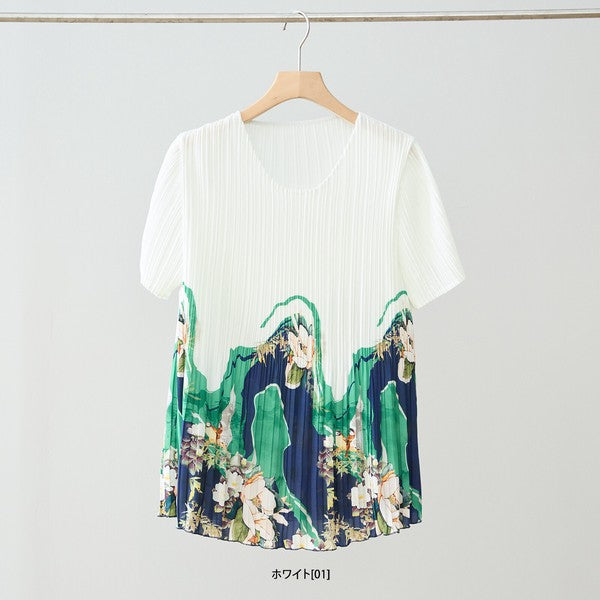 裾プリント プリーツ 半袖 ブラウス チュニック Aライン 体型カバー ゆったり レディース M-L