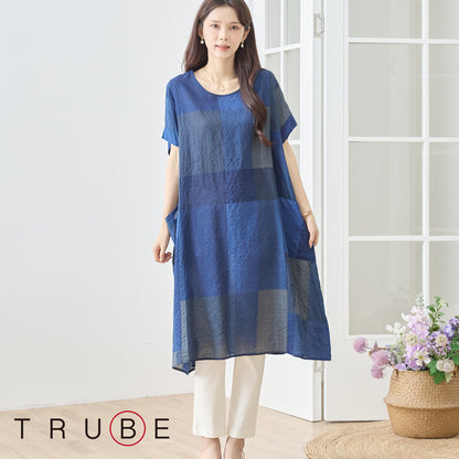 ブロックチェック柄 綿100% フレンチスリーブ ワンピース ゆったり 体型カバー L-LL