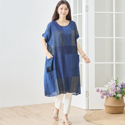 ブロックチェック柄 綿100% フレンチスリーブ ワンピース ゆったり 体型カバー L-LL