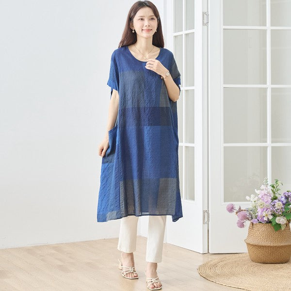 ブロックチェック柄 綿100% フレンチスリーブ ワンピース ゆったり 体型カバー L-LL