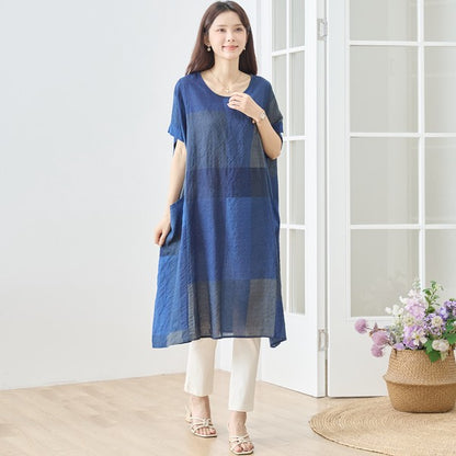 ブロックチェック柄 綿100% フレンチスリーブ ワンピース ゆったり 体型カバー L-LL