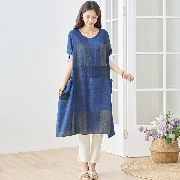 ブロックチェック柄 綿100% フレンチスリーブ ワンピース ゆったり 体型カバー L-LL