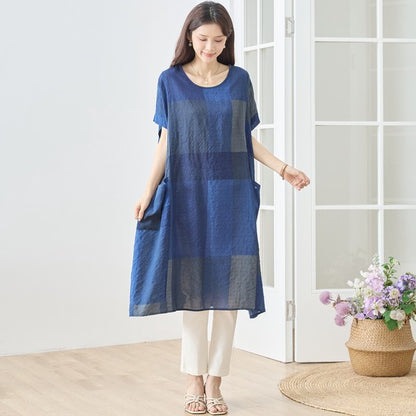 ブロックチェック柄 綿100% フレンチスリーブ ワンピース ゆったり 体型カバー L-LL